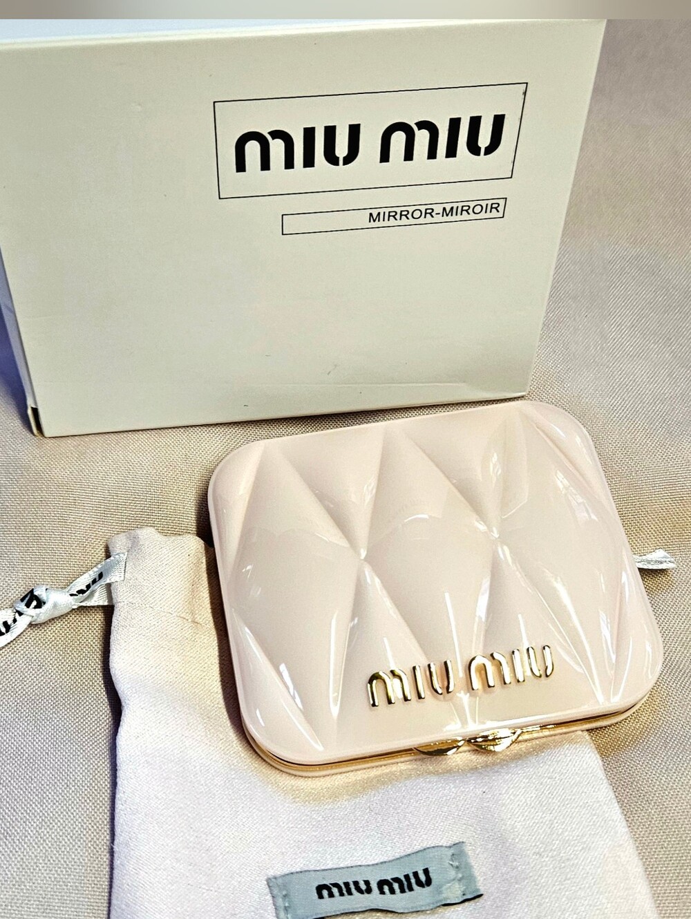 Miu Miu Glossy Quilted Compact Mirror in Pale Pink with Gold Logo